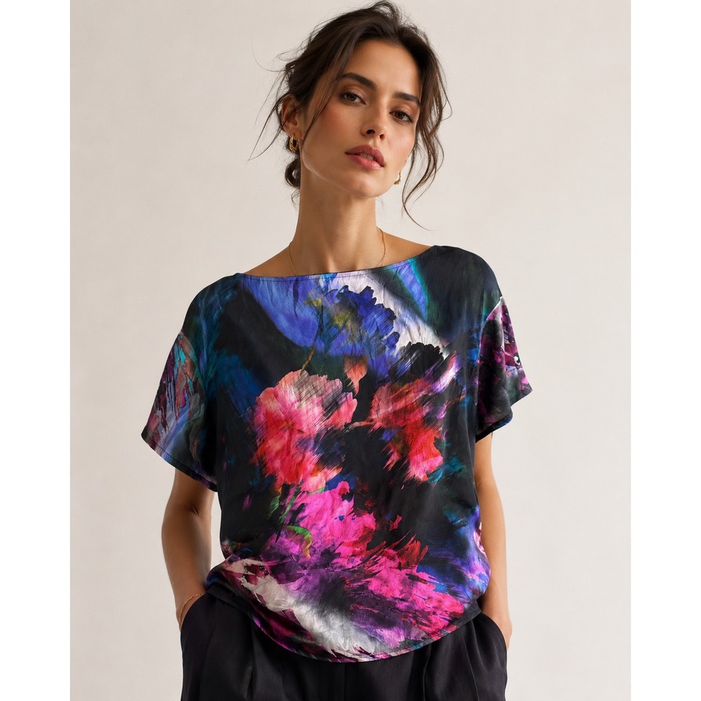 St. John 95% Silk Abstract Floral Top XL Pink Magenta Cobalt Quiet Luxury